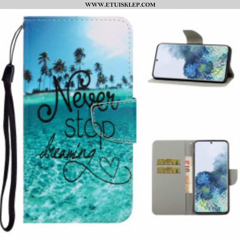 Etui Folio do Samsung Galaxy S21 Ultra 5G z Łańcuch Granatowy Pasek Na Ramiączkach Never Stop Dreami